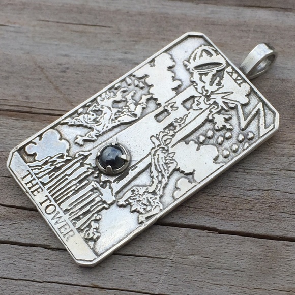 Tower Tarot Card Pendant .925 Sterling Silver w/ genuine Hematite gem USA - Picture 2 of 8